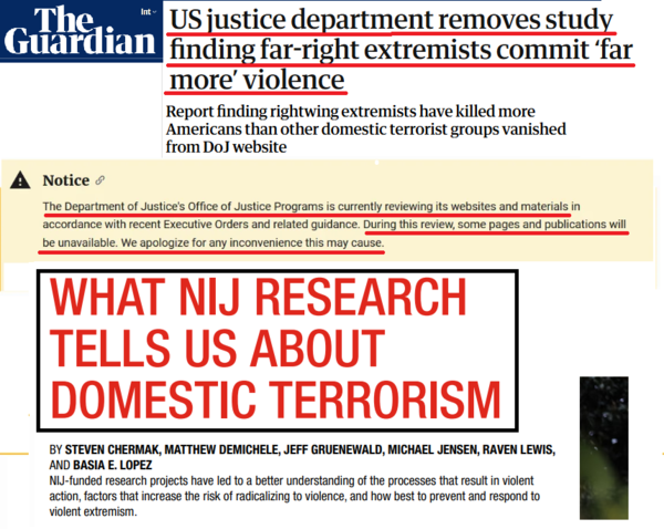 사진 5. 위, ‘법무부, 국내 테러리즘 연구 관련 자료 홈페이지에서 삭제’(가디언 9월 17일 기사); 중간, 법무부가 자료를 삭제하면서 게시한 해명문. 아래, 법무부가 삭제한 해당 보고서 1쪽.