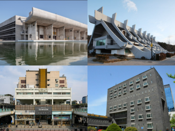 왼쪽 위부터 시계 방향으로 자유센터 캐노피와 흡사한 르코르뷔지에의 인도 펀자브주의회 건물. 왜색 논란을 불러일으킨 구 국립부여박물관. 고문실이 있는 5층의 창문을 작게 만든 남영동 대공분실. 박정희식 개발독재의 상징 세운상가. 