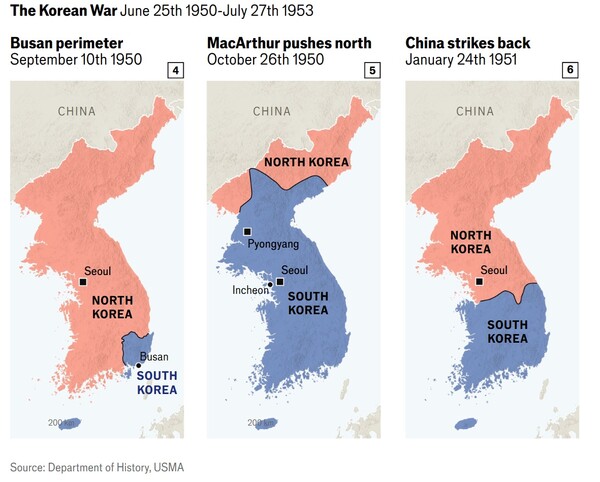 한국전쟁(6.25사변) 당시의 남북한군 범령지역 변화 추이. 부산 중심의 경상도 일각과 제주도 정도만 남긴 채 북한군이 한반도 거의 전역을 차지했으나 9월의 인천상륙작전 이후 국군과 유엔군은 압록강 일부지역짜지 북상했다. 그러나 중국군의 개입으로 다시 후퇴(1.4후퇴)해 서울을 내주었다.