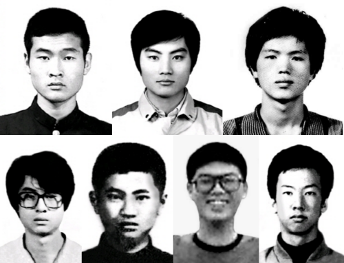 ‘파괴된 청춘’에 등장하는 녹화 공작 의문사 주인공들. 윗줄 왼쪽부터 정성희, 김용권, 한희철. 아랫줄 왼쪽부터 이윤성, 김두황, 한영현, 최우혁.