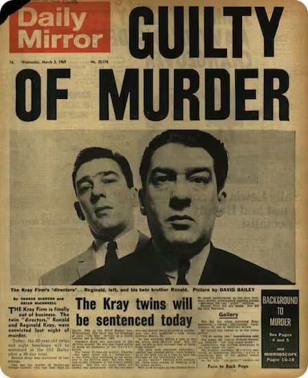 1969년 3월 5일 데일리 미러에 보도된 크레이 부부의 형사 재판.(데일리 미러)