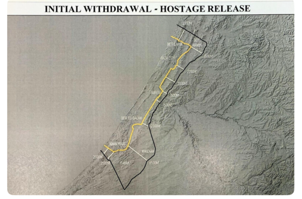 도널드 트럼프 미국 대통령이 4일 트루스 소셜에 올림 지도. 가운데 노란선이 이스라엘군의 1단계 철수선. 2025. 10. 04 [트럼프 트루스 소셜 계정] 시민언론 민들레