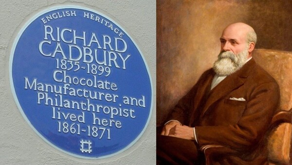 영국 에드바스턴의 휠리스 로드에 있는 잉글리시 헤리티지 블루 명판. (위키피디아) 오른쪽은 리처드 캐드버리 초상화.(artuk)