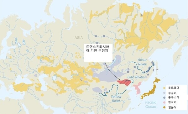 그림5) 2021년 독일 막스플랑크 인류사연구소는 11개 나라 35개 연구기관이 참여해 “트랜스유라시아어 기원”을 연구한 논문을 국제학술지 네이처(Nature)에 발표했다. 이 논문은 한국어, 일본어, 몽골어 등 광대한 지역에 걸쳐 있는 트랜스유라시아어의 발원지가 랴오허강 유역이라고 밝혔다. 그곳은 옛조선(古朝鮮)의 땅이다. 출처: 네이처