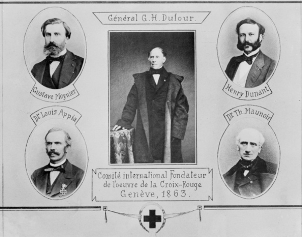 1863년 국제적십자위원회를 창설한 5명의 사진. 맨 오른쪽 위가 초대 사무총장을 맡은 앙리 뒤낭이다. 가운데는 의장 기욤 앙리 뒤푸르 장군, 왼쪽 위는 부의장 귀스타브 므와니에 변호사다. (국제적십자위원회)