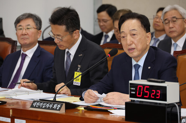 김철수 대한적십자사 회장이 22일 국회 보건복지부 국정감사에 출석해 의원들의 질의에 답변하고 있다. (연합뉴스)