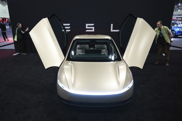 2024년 11월 21일 로스앤젤레스에서 열린 오토모빌리티 LA 오토쇼에 전시된 테슬라 사이버 택시. (AP / 연합뉴스)