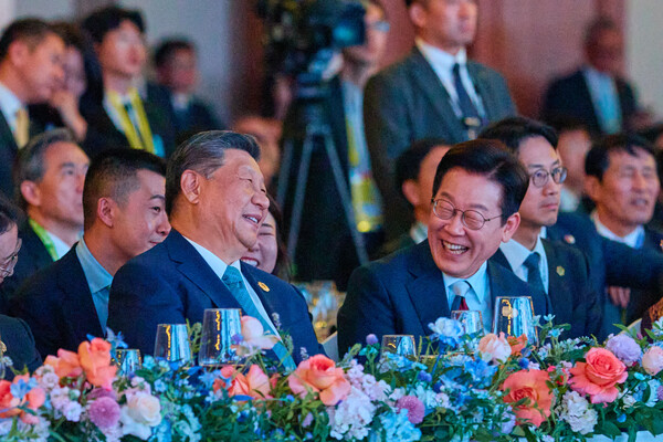 이재명 대통령과 시진핑 중국 국가주석이 10월 31일 경북 경주시 라한셀렉트호텔에서 열린 2025 아시아태평양경제협력체(APEC) 정상회의 환영 만찬에서 대화를 나누고 있다. 2025.11.1 [대통령실 제공] 연합뉴스