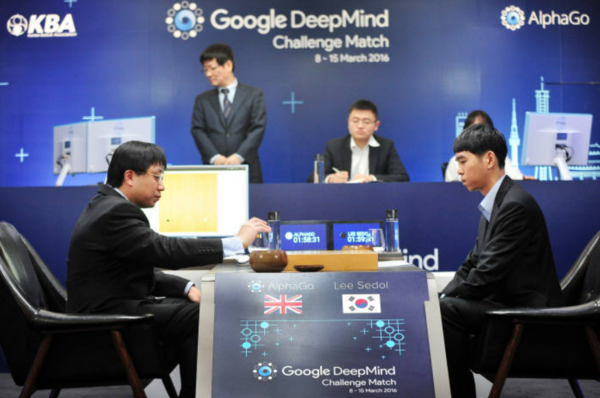 2016년 3월 서울 포시즌호텔에서 프로 바둑기사 이세돌과 구글 인공지능 프로그램 알파고가 대결을 벌이고 있다. (구글 제공)
