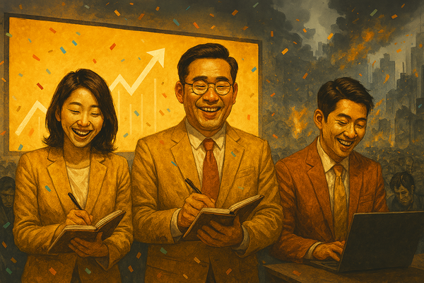 국가 위기를 외면하고 투기를 조장하는 언론을 풍자적으로 그린 일러스트. 챗지피티