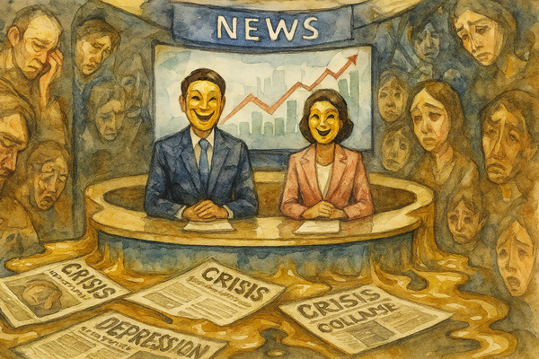 국가 위기를 외면하고 투기를 조장하는 언론을 풍자적으로 그린 일러스트. 챗지피티