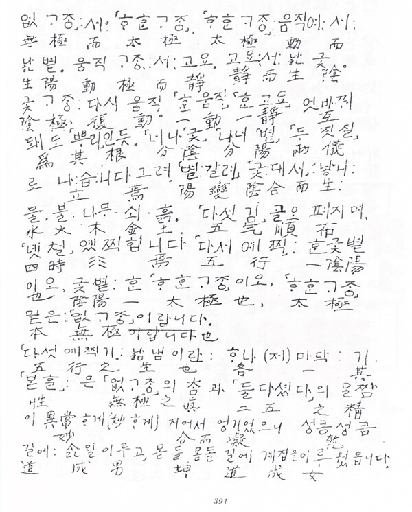 그림2) 1966년 2월 10일 다석일지에 꿍꿍한 태극도설 풀이 가운데 앞 부분이다.