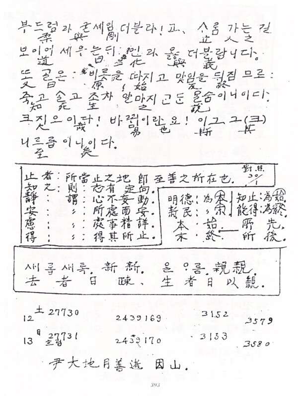 1966년 2월 10일 다석일지에 꿍꿍한 태극도설 풀이 가운데 맨 뒷 부분이다. 