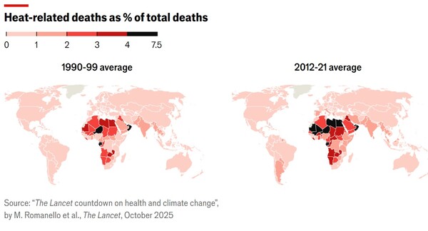 온난화로 인한 열 때문에 사망한 사람들의 전체 사망자 대비 국가별 사망율. 왼쪽은 1990-1999년 평균, 오른쪽은 2012-21년 평균. 2012-2021년에 지역과 사망자 수 모두 늘었다.  이코노미스트 10월 30일