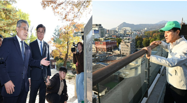최휘영 문화체육관광부 장관과 허민 국가유산청장이 서울시 조례에 대한 대법원 판결과 관련해 11월 7일 서울 종묘를 방문한 뒤 유네스코 세계유산 기념비석을 바라보고 있다. (사진 왼쪽. 2025.11.7. 연합뉴스) 오세훈 서울시장이 11월 7일 서울 종로구 세운상가 옥상에서 열린 세운4구역 재개발 관련 현장 브리핑에 참석해 주변 전망을 살펴보고 있다. (오른쪽. 서울시)