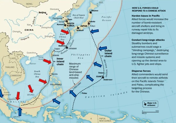 도련선(섬들을 연결하는 선). 빨간 화살표가 가리키고 있는 검은 점선이 제1도련선. 맨 오른쪽 검은 점선이 제2도련선.  중국은 그 선들을 돌파해 태평양으로 진출하려 하고, 미국은 그것을 저지하려 한다. 나무위키
