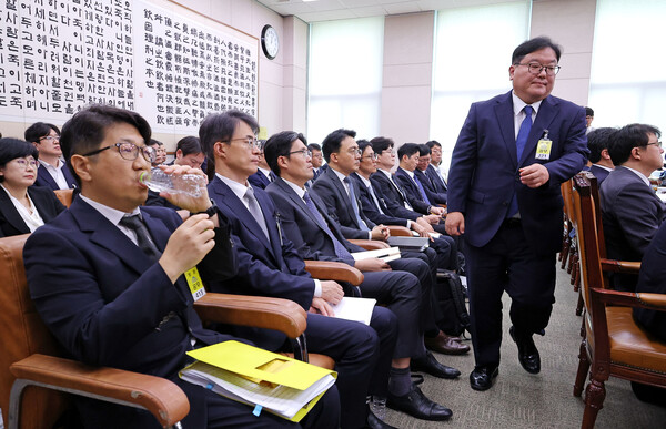  23일 국회 법제사법위원회에서 열린 2025년 국정감사에서 엄희준 광주고검 검사가 의원 질의에 답변하기 위해 문지석 광주고검 부장검사 앞을 지나고 있다. 2025.10.23 연합뉴스