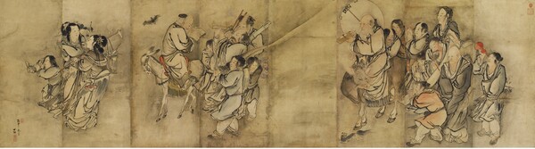 그림1) 김홍도, ‘군선도8곡병’, 1776년, 종이에 연한 색, 132.8×575.8cm, 리움미술관 소장. 군선도 병풍(金弘道 筆 群仙圖 屛風)은 도석인물화다. 도석인물화란 불교나 도교에 관계된 초자연적인 인물상을 표현한 그림이다. 1971년 12월 21일 대한민국의 국보 제139호로 지정되었다.