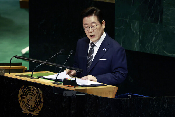 유엔 총회에서 기조연설을 하는 이재명 대통령